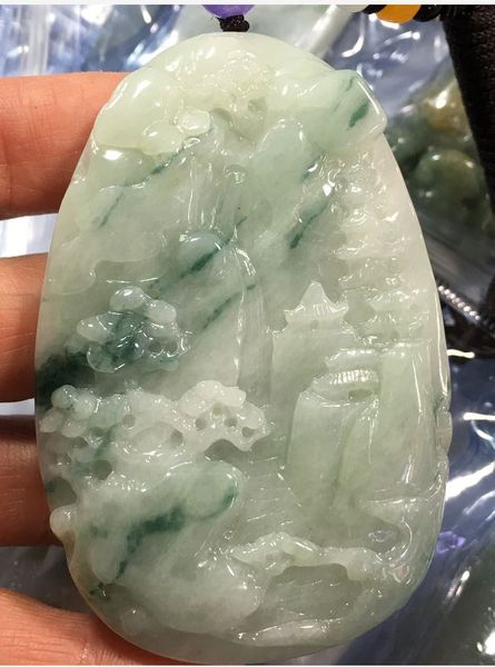 

natural myanmar green jade pendant hand carved landscape jade pendant jadeite jade necklaces men pendants jewelry, Red;blue