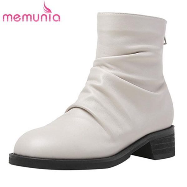 

boots memunia 2021 genuine leather ankle women round toe pleated zip autumn winter casual shoes woman fashion, Black