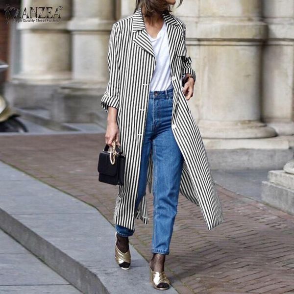 

women's trench coats elegant striped trends zanzea 2021 laple spring ol button midi outwear female long sleeve overcoats plus size, Tan;black