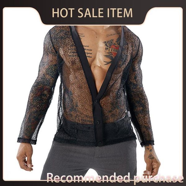 

fashion cardigan tees mesh shirts designer tshirts t loose mens loose v neck perspective sleeved mens long enefn, Black
