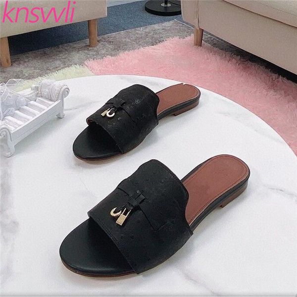 

slippers women summer genuine leather designer shoes woman open toe beach ladies metal buckle mules flats, Black