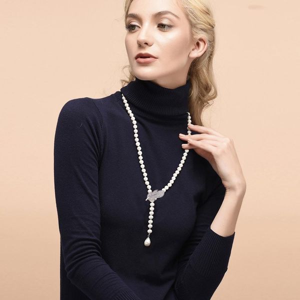 

senen girl long pearl necklace for women gift white real freshwater pearl necklace 73cm length fashion jewelry new q0531, Silver