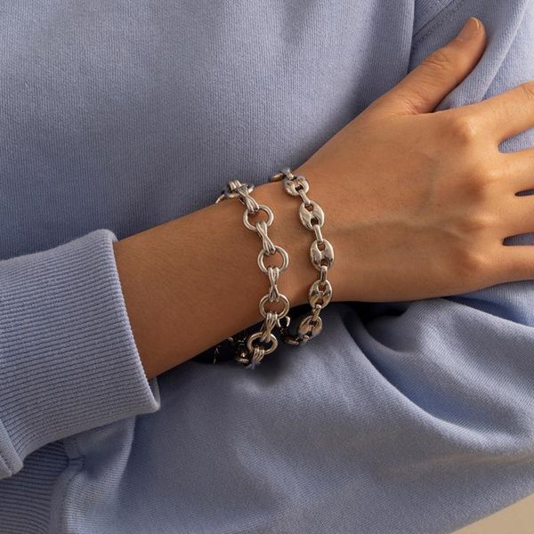 

link, chain lacteo 2 pcs/set dark gothic pig nose shape bangle bracelet neutral jewelry hip hop stainless steel charm, Black