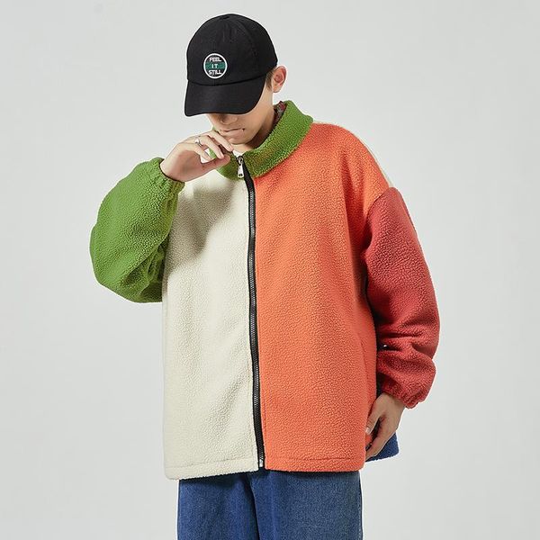 

men's jackets mens lambswool jacket autumn winter fashion patchwork contrast outwear stand collar casual loose coats for men, Black;brown