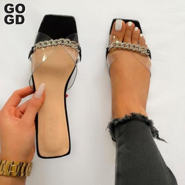 

[gogd]2021 new fashion leisure woman sandals slippers shoes rhine stones crystal chains gladiator flat sandals plus size 36-41, Black