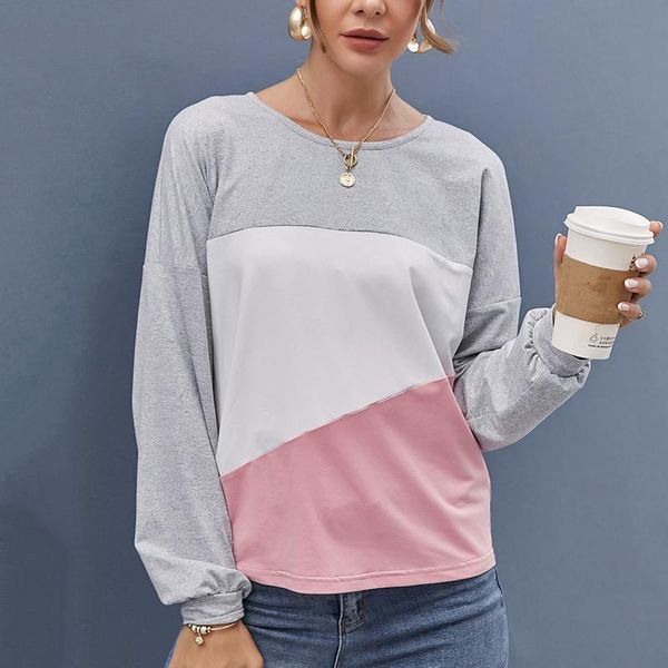 

women's blouses & shirts fall women cotton blouse color block crewneck shirt long sleeve spring autumn clothes, White