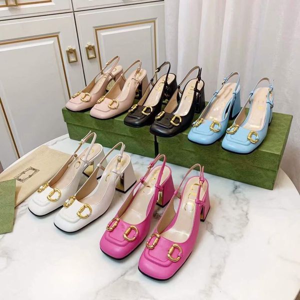 

2021 new high version leather baotou sandals women's thick heel square head horse clasp back empty shoesmsxe zmm, Black