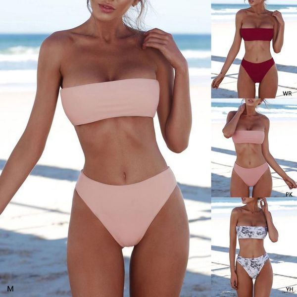 

women bikini set strapless bandeau push-up bra swimsuit swimwear bathing