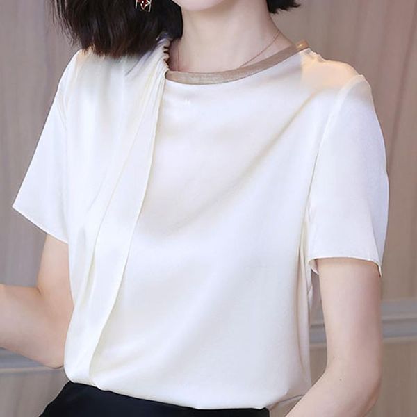 

women's blouses & shirts summer women blouse short sleeve bow o-neck chiffon shirt blusas mujer de moda 2021 femme f84, White