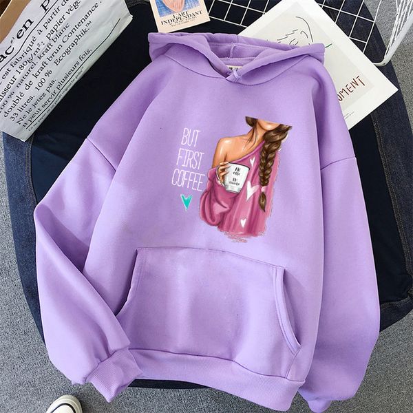 

2021 new anime oversized coffee beauty print harajuku sweatshirt kawaii women hoody pullovers hoodies style clothes wgea, Black