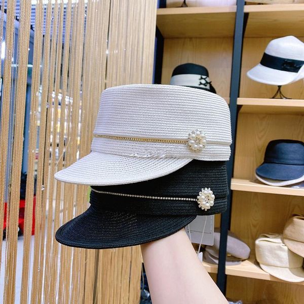 

stingy brim hats 202103-xuxu summer japan style pearl flower chain paper straw leisure octagonal hat women visors cap, Blue;gray