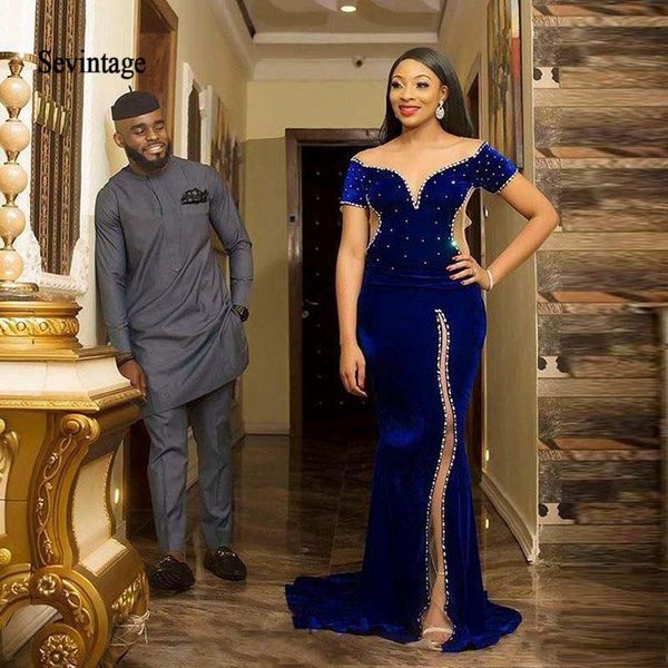 

party dresses sevintage royal blue mermaid evening sheer scoop slit front short sleeve beaded sequined velvet prom gowns custom made, White;black