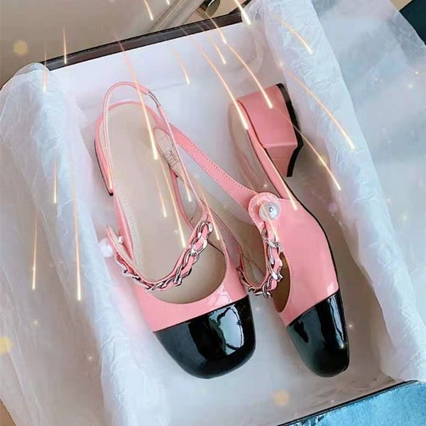 

sandals slippers spring and summer 2021 mary jane pearl chain one line belt thick heel sandals single shoes fairy style patent leather high, Black