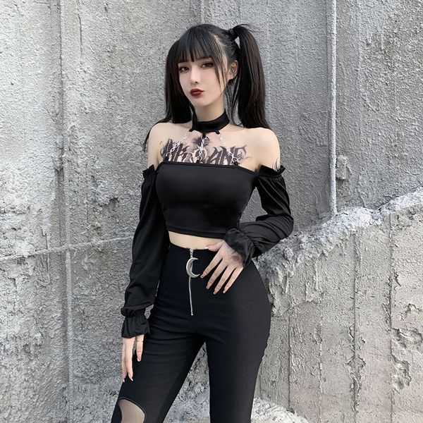 

harajuku streetwear bodycon off shoulder long sleeve gothic black crop streetwear punk chain matal patchwork, White