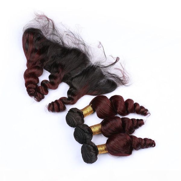 

loose wave #1b 99j wine red ombre indian virgin human hair weaves with frontal closure wavy burgundy ombre 13x4 lace frontal with 3bundles, Black;brown