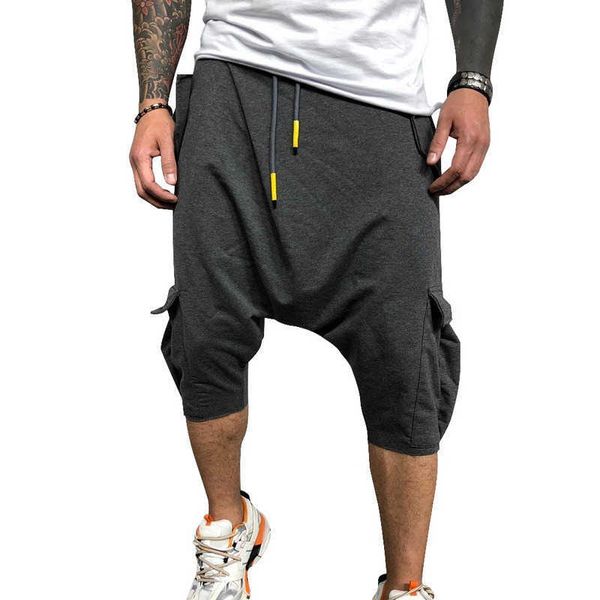 DiHope 2021 Summer New Mens Homem Homens de pernas largas calças masculinas Croth Hiphop Man Homem de Joggers Faixa de Calf-comprimento Pant Hiphop X0615