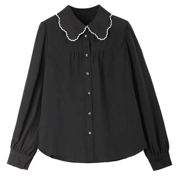 

women's spring autumn style shirt elegant solid color button long sleeve peter pan collar vintage casual df3899 210609, White