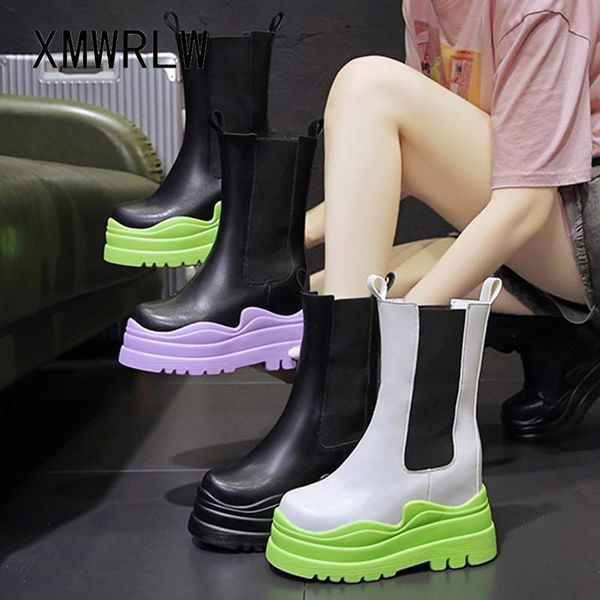

boots xmwrlw women's boot 2021 autumn leather high heels women mid-calf fashion ladies shoes platform, Black