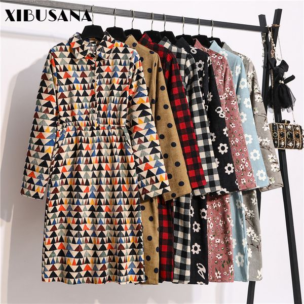 

xibusana autumn winter corduroy dresses women long sleeve high waist turn-down collar printed floral casual dress vestidos 210302, Black;gray