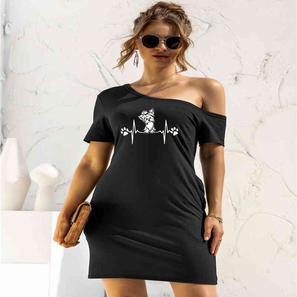 

summer fashion yorkshire terrier heartbeat dresses women short sleeve slant neck cotton female vintage dress woman dress, Black;gray