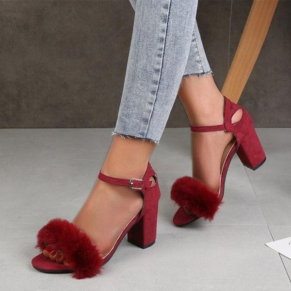 

sandals women fur summer high heels solid flock pumps ladies buckle strap square female party shoes plus size 2021, Black
