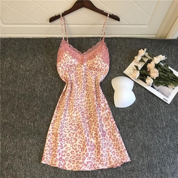 

summer nightdress lace nightwear sing satin print homewear pink sleepwear women thin nightgowns with chest padds, Black;red