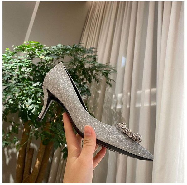 

dress shoes high heels pointed rhinestone square buckle upper shiny crystal flashing diamond sliver stiletto wedding, Black