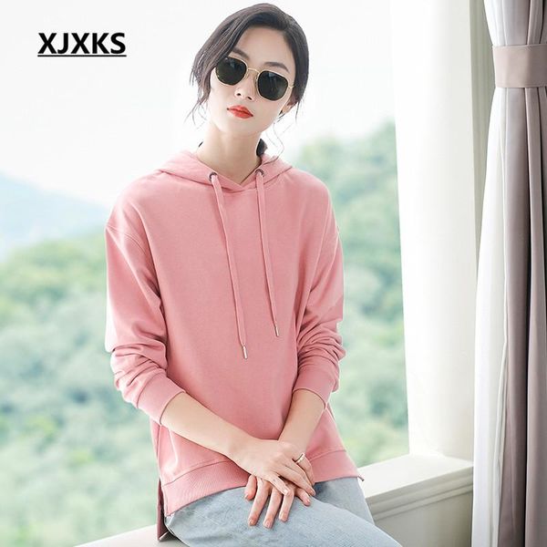 

women's hoodies & sweatshirts xjxks 2021 autumn winter solid color all-match fashion hooded women sweatshirt hoody oversized loose top, Black