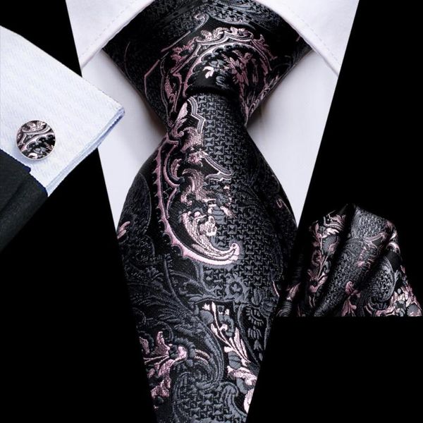 

bow ties black pink floral silk wedding tie for men handky cufflink necktie set fashion design business party drop hi-tie, Black;gray