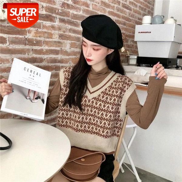 

2020 autumn and winter new style korean-style sleeveless v-neck knitted vest waistcoat women's outer wear versatile loose-fit #5k98, Black;white