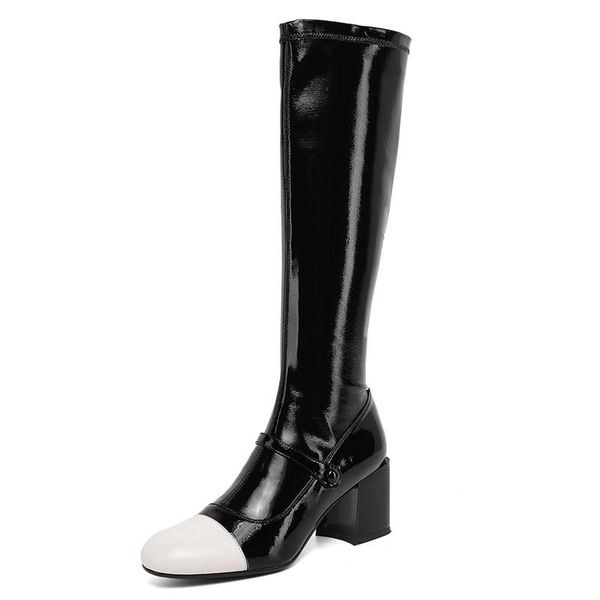 

boots 2021 big brand style mixed-color women knee-high rrince retro cow leather ladies shoes thick heel round toe zipper 7cm, Black