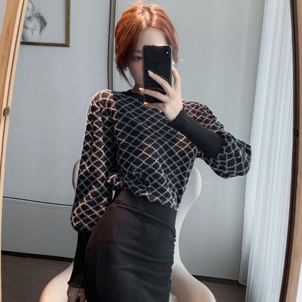 

women's sweaters 2021 fall/winter hedging padded lantern sleeve sweater warm knit bottoming shirt, White;black