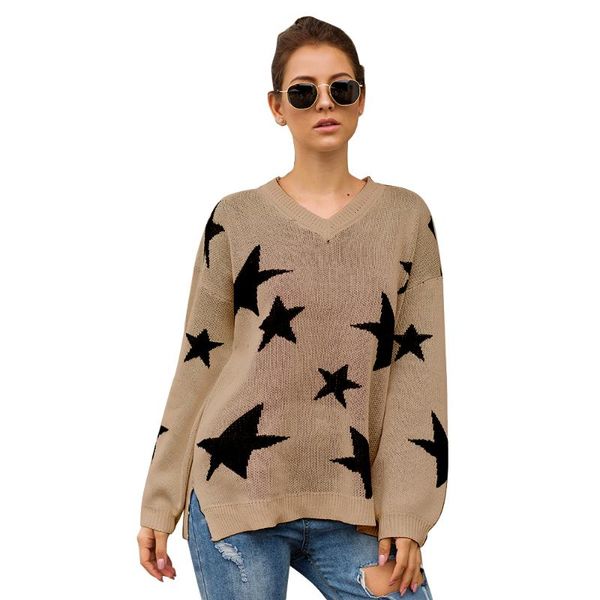 

women's sweaters 2021 star print sweater fall/winter winter split side jumper 3 color loose retro knit warm lazy style femme, White;black