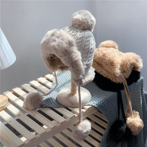 

winter lovely plush knitted lei feng hat women's korean versatile thickened windproof and ear protection cold proof with sweater, Blue;gray