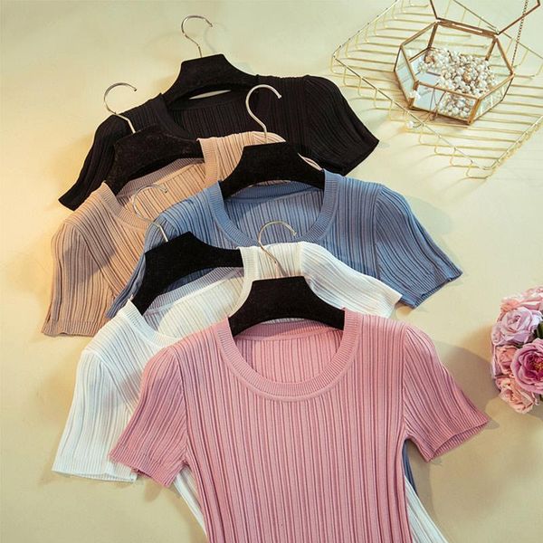 

knitted ribbed short sleeve women's t-shirt o-neck slim rib women tees shirts ladies 2021 spring summer casual tshirts female, White