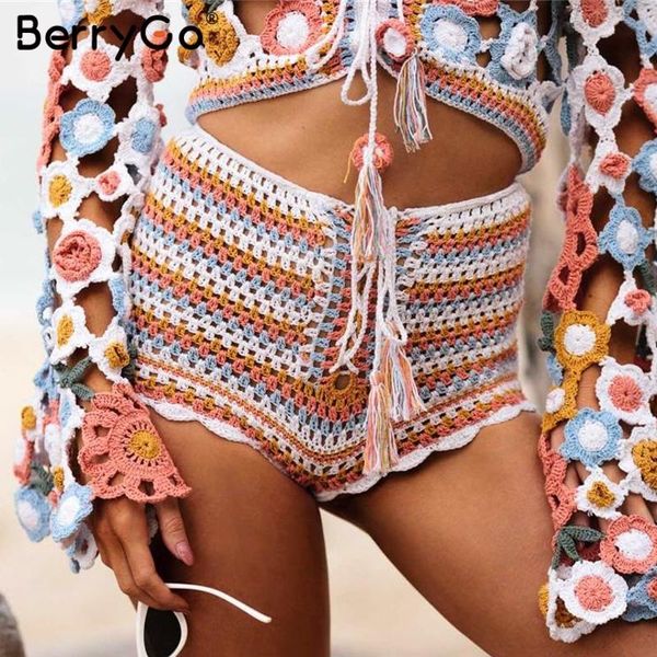 

women's shorts berrygo women knitted beach tassel hollow out striped handmade crochet buttom summer ladies bottom, White;black