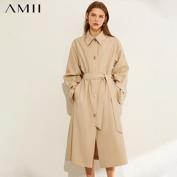 

amii minimalism coat women autumn fashion omen's dress lapel solid loose belt women's trench coat female jacket 12070016, Tan;black