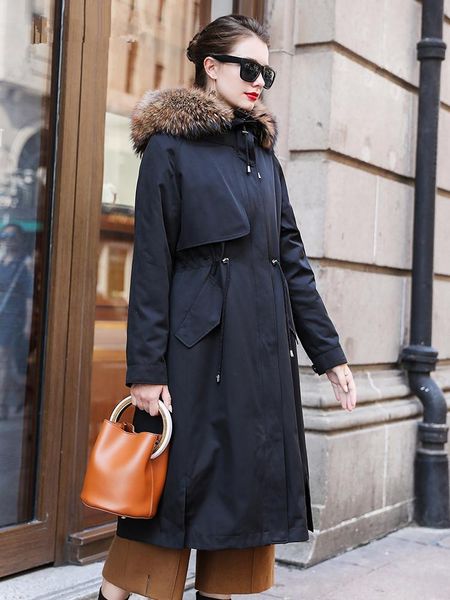 

women's fur & faux real parka 2021 winter jacket women natural liner long trench coat female raccoon collar parkas my, Black