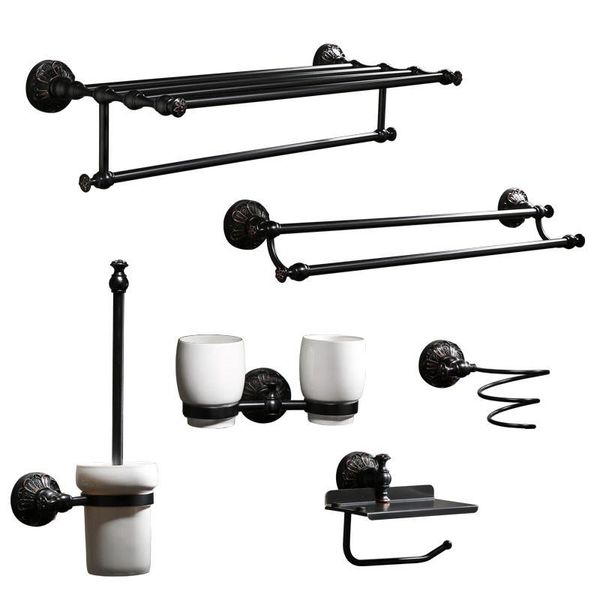 

bath hardware set brass towel rack corner shelf paper holder toilet brush holder robe hook nail punched black oil brushed carved