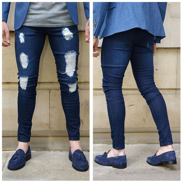 

men's jeans european and american style tight solid color worn out small leg pants trend, Blue