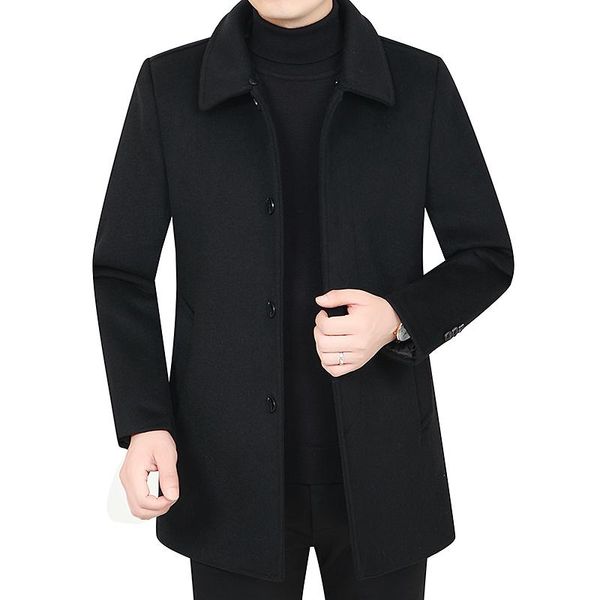 

men's wool & blends winter business gentleman trendy mid-length removable ma tweed coat smart casual polyester, Black