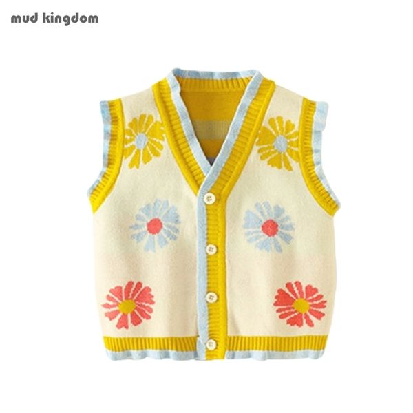 Mudkingdom Little Girls Colete Cardigan Daisy Flor Ruffle Camisola Malha Tops para Crianças Roupas Menina Roupas Primavera Outono 211106