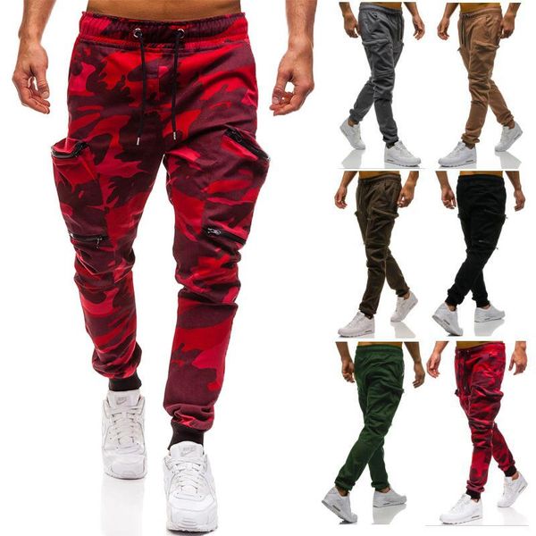 

men's pants plain color, loose camouflage, multi-pocket trousers, tightrope, waistband and small feet casual trousers, Black
