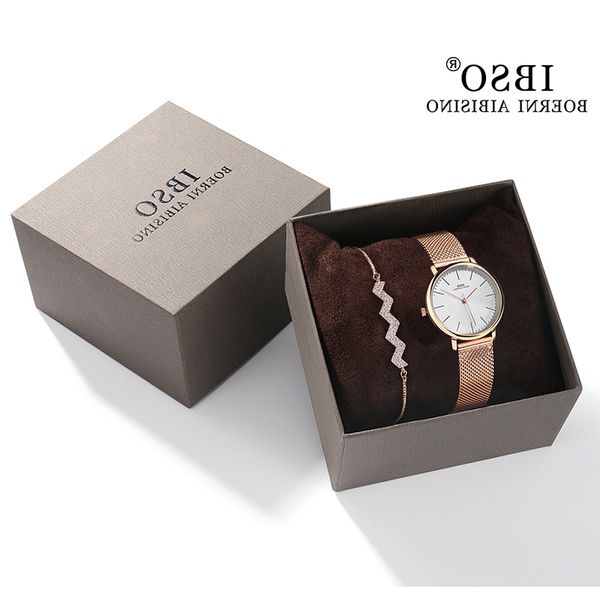 

ibso women's watches bracelet set 8mm ultra thin sier mesh stainless steel strap quartz clock hours sets ladies birthday gift, Slivery;brown