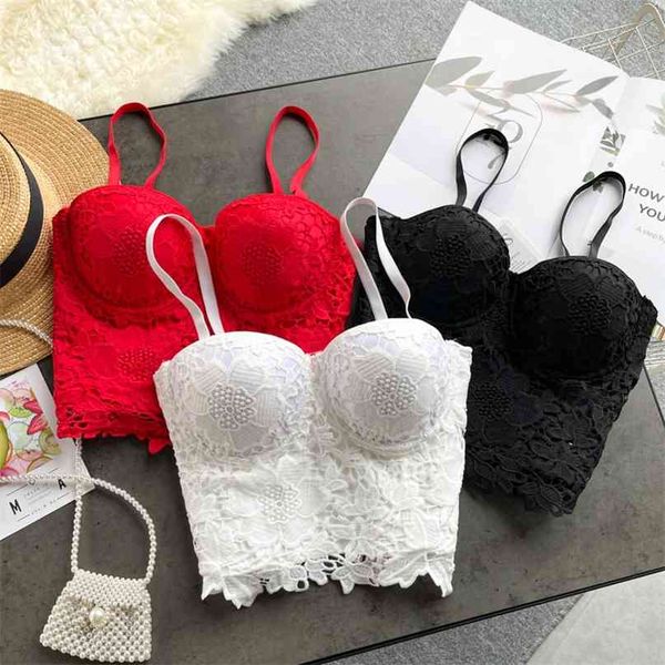 

arrival floral lace crop solid women summer camisole elegant streetwear adjustable strap padded corset bra camis 210603, White