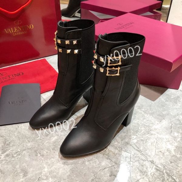 

luxury designer womens half boots shoes winter chunky med heels plain square toes shoe rainboots zip women mid calf booty wear resistant thi, Black