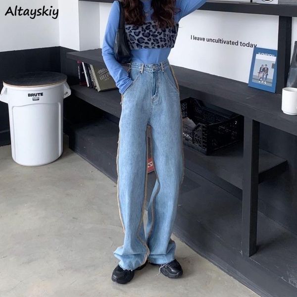

women's jeans spliced women wide-leg oversize s-4xl baggy denim mopping straight trousers punk style streetwear harajuku high waist sli, Blue