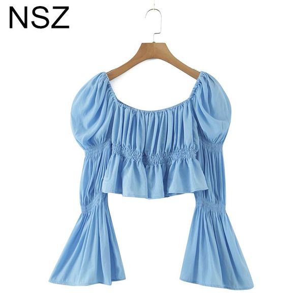 

women's blouses & shirts nsz women flare sleeve square collar crop summer 2021 outfit ladies fashion blouse pleated shirt tunic str, White