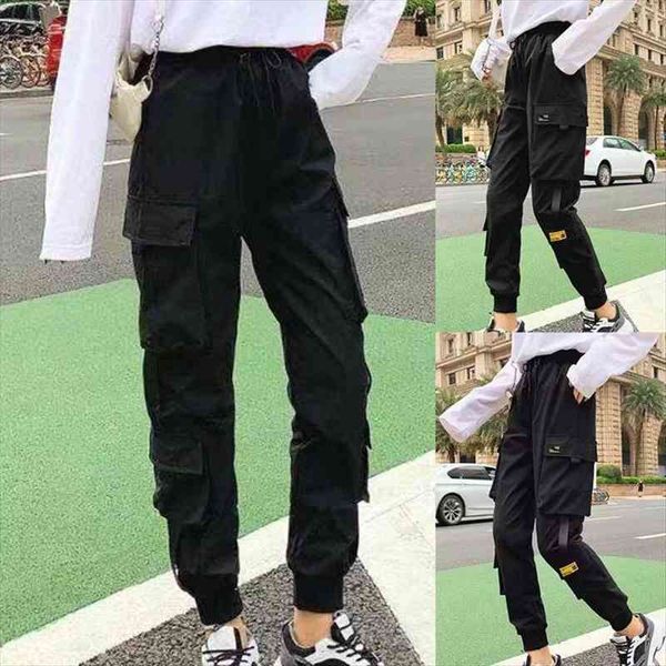 

fashion women streetwear cargo pants black ankle length elastic waist joggers female loose trousers casual haren pants, Black;white