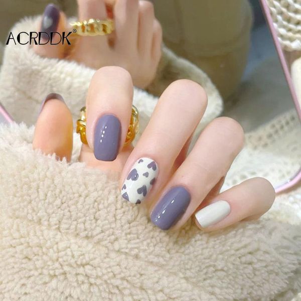 

false nails 24pcs round purple heart pattern wear short paragraph fashion manicure patch save time wearable nail, Red;gold